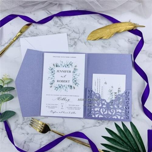 Graceful Lavander Laser Cut Tri-folded Pocket With Special Belly Band, Respond Card And Customized Insert