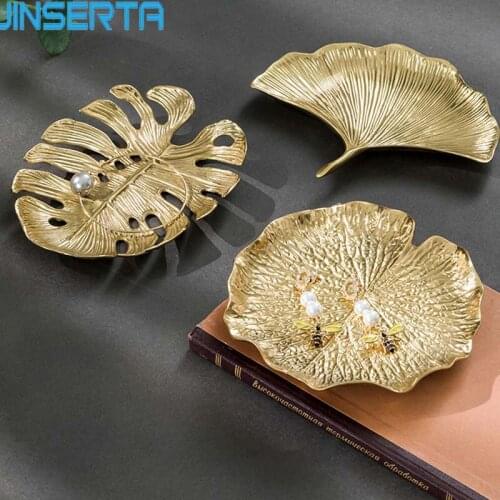 JINSERTA Brass Storage Tray Jewelry Display Plate Cosmetic Organizer Luxury Gold Fruit Snack Nuts Plate Desktop Decor Tray