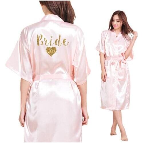 Bride Heart Team Bride Heart Golden Glitter Print Kimono Robe Faux Silk Women Bachelorette Wedding Preparewea RobesFree Shipping