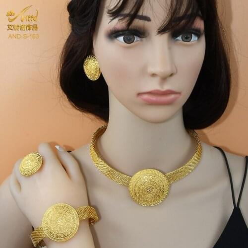 African Jewelry Set Nigeria Wedding Dubai Gold Plated Big Roung Pendants Necklace Earrings Bracelet Rings Jewellery For Women