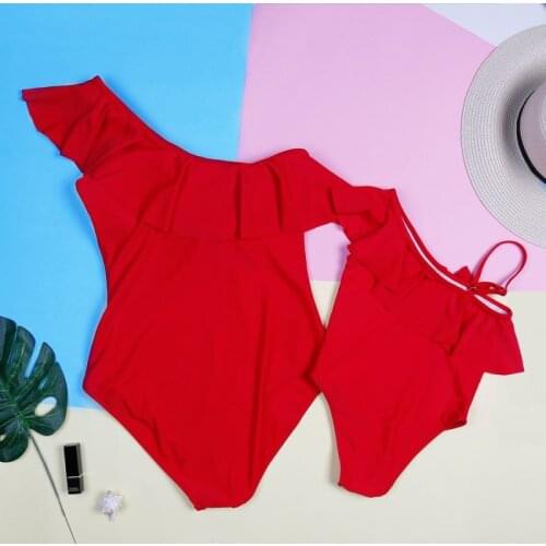 Mom Daughter Swimsuits Mommy And Me Clothes One-shoulder Family Look Mother Daughter Swimwear Bathing Suit Baby Girl Bikini Set