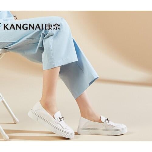 KANGNAI Flats Women Shoes Genuine Cow Leather Tassel Chunky Loafers Slip-On Ladies Casual Shoes
