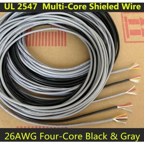 26AWG 4Cores Multicores Shielded Wires Tinned Copper Controlled Cable Headphone UL2547 Black & Gray color 1/5/20/50 Meters