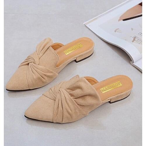 Women Slippers Flock Bowtie Female Mules Fashion Low Heels Shoes Pointed Toe Ladies Plus Size Elegant Woman Slipper work shoes
