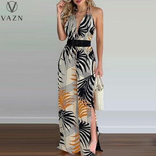 VAZN 2021 New Halter Backless Beach Jumpsuits Striped Lady Sexy Young Simple Sleeveless Women Slim Pencial Jumpsuits