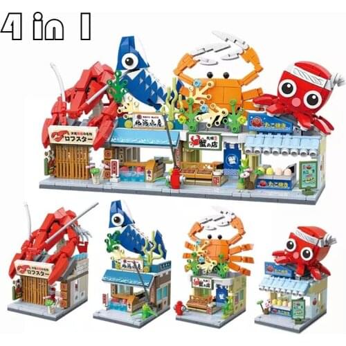 New city Street view Japanese food takoyaki shrimp shop crab shop model can be 4 in 1 small blocks puzzle toys children gifts