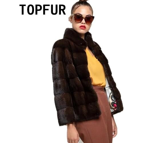 TOPFUR Dark Coffee Winter Womens Coat Plus Size Real Mink Fur Coats Genuine Leather Jackets Short Real Fur Coat Spring
