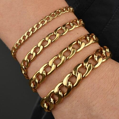 Punk Cool Womens Mens Bracelet 5/7.5 /9/11.5mm Stainless Steel Curb Cuban Gold Color Basic Bracelet Wholesale Fashion Jewelry
