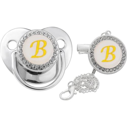Letter Pacifier Chain Clip Silver White Dummies For Baby Shower Gift 26 English Letter Infant Soother Nipple For 0-6 Months Baby