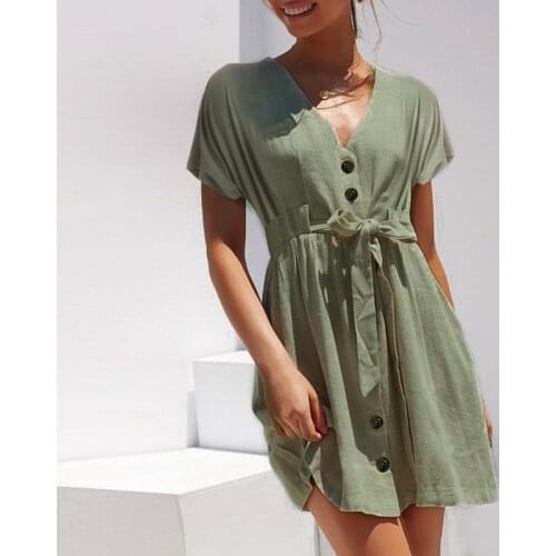 Sexy v-neck women dresses linen dress Vintage short sleeve button sash mini dress Casual streetwear summer dress vestido CE2096