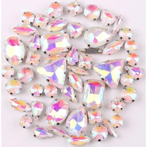 Silver claw setting jelly candy White AB 50pcs/bag shapes mix glass crystal sew on rhinestone wedding dress shoes bag diy