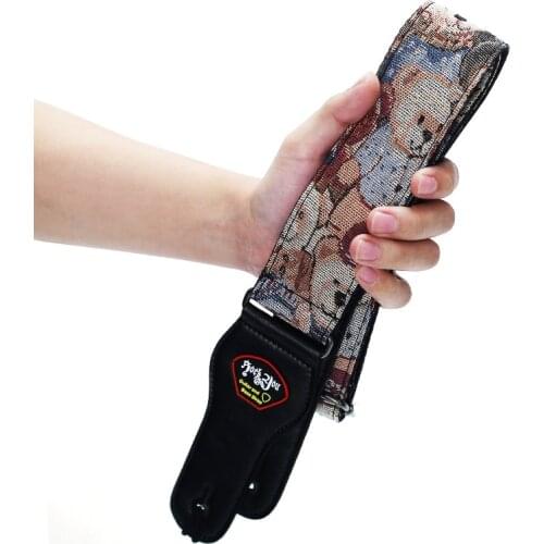 ROCKYOU Cotton Embroidery Bear Cartoon Bohemian Style Guitar strap with PU Leather end