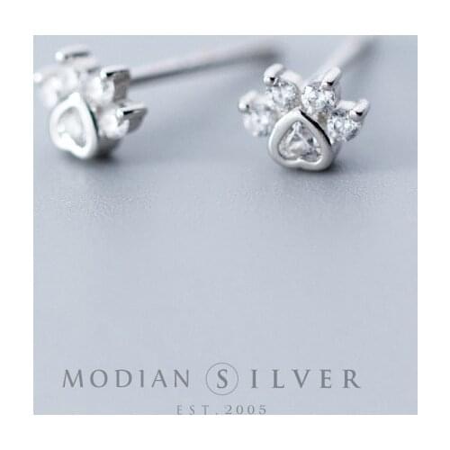 Modian 925 Sterling Silver Cute Small Clear CZ Cat Paw Stud Earrings for Women Hypoallergenic Party Fine Silver Jewelry