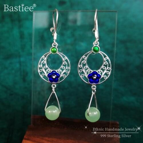 Bastiee 999 Sterling Silver Drop Dangle Earrings For Women Green Beads Cloisonne Enamel Handmad Luxury Jewelry Hmong Blue Earing