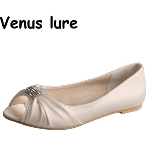 Woman Shoes Wedding Bridal Flats White Ivory Peep Toe Crystal Satin Lady Prom Dress Bride Ballerina Ballet