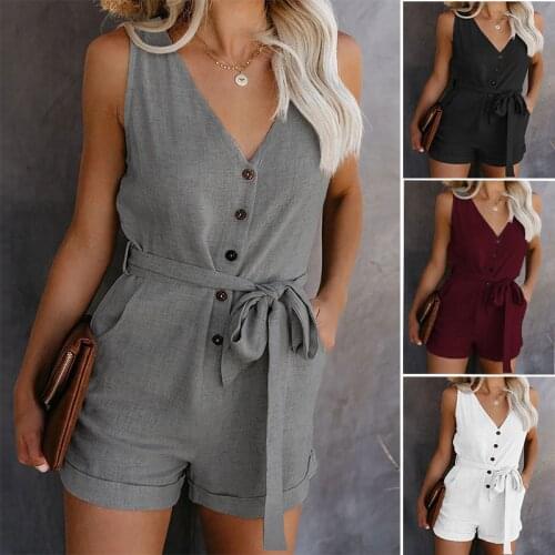 Hot Sale Solid Color Jumpsuit Womens 2020 Summer Casual V-neck Bow Five-Point Shorts Set Sleeveless Tracksuit