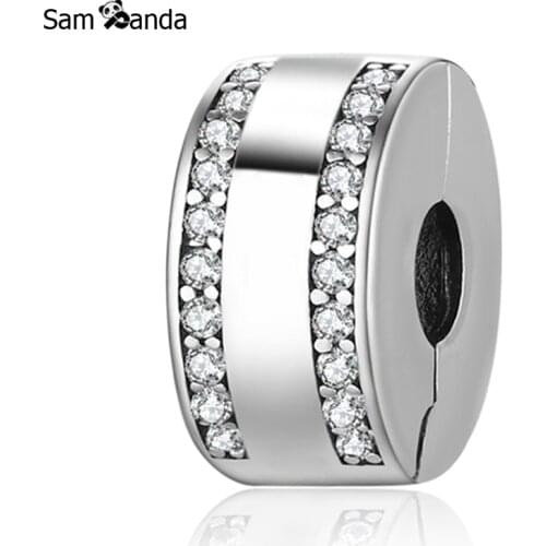 100% 925 Sterling Silver Sparkling Classic Clip With Clear CZ Beads Fit Pandora Original Charm Bracelet Fashion DIY Jewelry