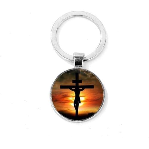 25mm Handmade Jesus Savior Cross Keychain God with Us Glass Cabochon Pendant Handmade Charm Handbag Keyring Christian Faith Gift