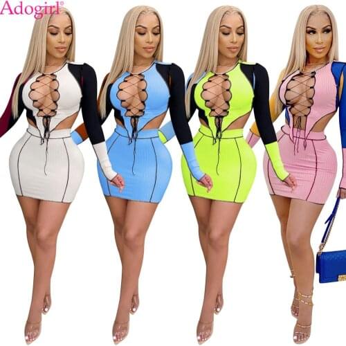 Adogirl Color Patchwork Hollow Out Ribbed Mini Skirt Two Piece Set Sexy Long Sleeve Lace Up Crop Top Bodycon Skirt Club Suit