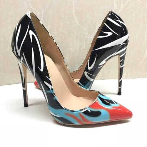 Free shipping fashion women pumps Designer Casual Black printed patent leather high heels 12cm 10cm 8cm Stiletto heeled