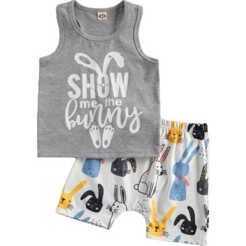 Kids Baby Summer Outfit Set Sleeveless Letter Print T shirt TopsCartoon Rabbit Print Shorts Set Casual Boys Clothing Set