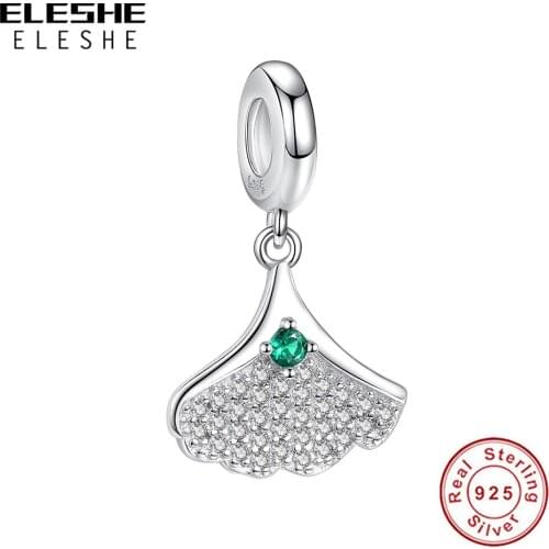 ELESHE Luxury Ginkgo Tree Charm 100% 925 Sterling Silver with Crystal CZ Bead for Women fit Bracelets DIY Jewelry Accessories