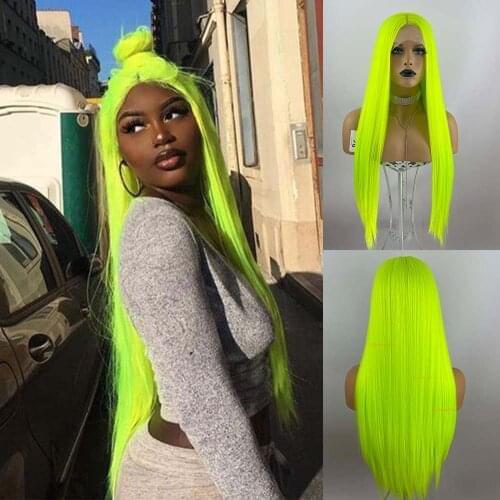 Baicheng Fluorescent Green Synthetic Wigs for Women T Part Long Straight Hair Green Wigs Cosplay Wig Glueless Heat