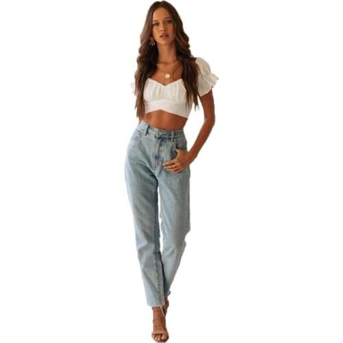 2020 New European and American Lantern Sleeve T-shirts V Navel Back Tie with Pleated Solid Color Tops