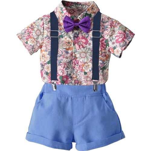 Tem Doger Fashion Kid Gentleman Suit Short Sleeve Bowtie Floral Shirt Top+Detachable Suspenders Shorts 2Pcs Formal Clothes Set