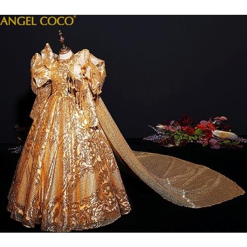 Sequin Lace Girls Princess Flower Girl Dresses Wedding Birthday Party Long Gown Formal Pageant Gowns Junior Bridesmaid Clothes