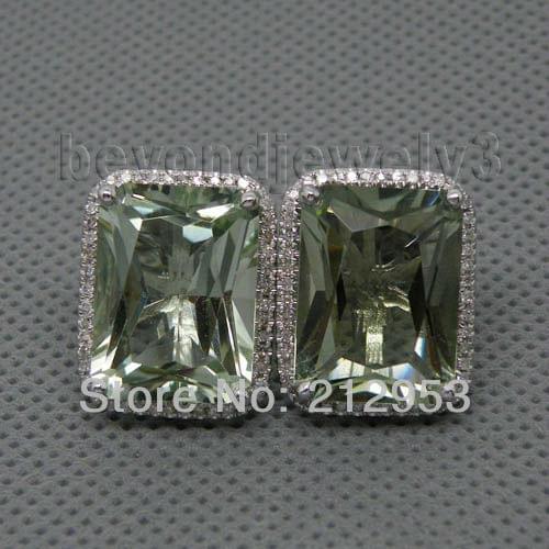 Hot !Solid 14Kt White Gold Green Amethyst Stud Earrings For Women,585 Gold Natural Amethyst Diamond Gemstone Stud Earring E0003