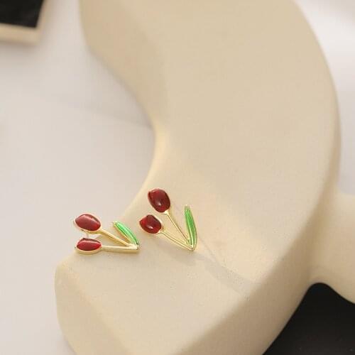 Minar Summer Elegant Red Enamel Tulip Drop Earrings for Women Gold Color Metallic Flower Statement Dangle Earrings Party Jewelry