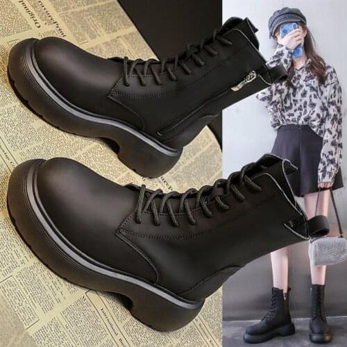 Autumn and winter thick soled Martin boots lace up middle tube Boots Black Motorcycle short boots women