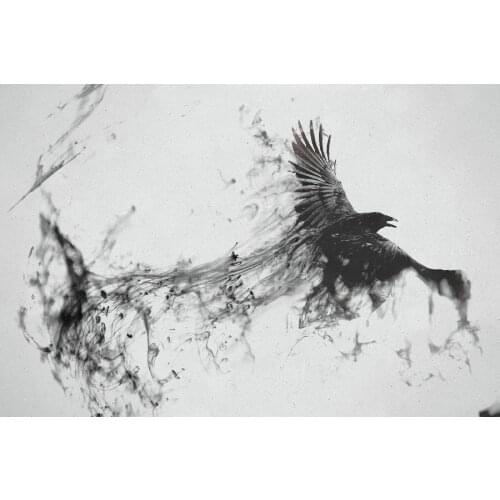 Raven bird flying smoke black white Art Film Print Silk Poster Home Wall Decor 24x36inch