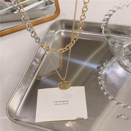 Origin Summer Asymmetric Double Layer Coin Medallion Pendant Necklace for Women Girls Delicate Chunky Chain Necklace Jewelry