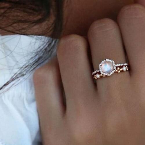 US SIZE 6 7 rose gold silver color clear cubic zirconia gorgeous stack engagement wedding set hexagon ring