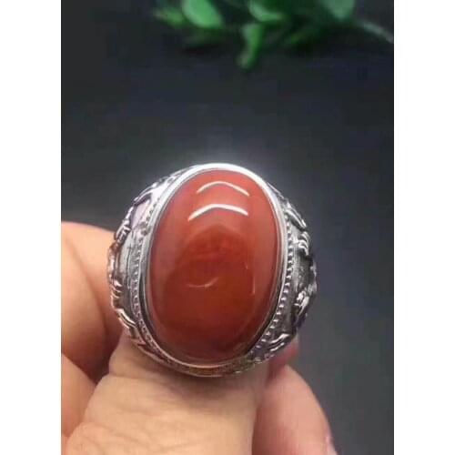 Sichuan Liangshan New South Red Agate full of meat persimmon 925 intime silver inlay Mens Ring Stone