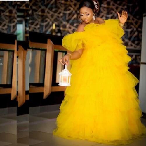 Bright Yellow Tulle Dresses Tulle Robes For Photo Shoot Dress Tiered Ruffles платье Plus Size African Women Dress For Party Gown