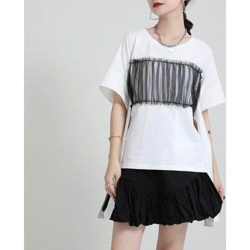 2021 summer cotton mesh stitching bow short-sleeved O-Neck t-shirt women tops tees outdoor wear loose soft casual blouse