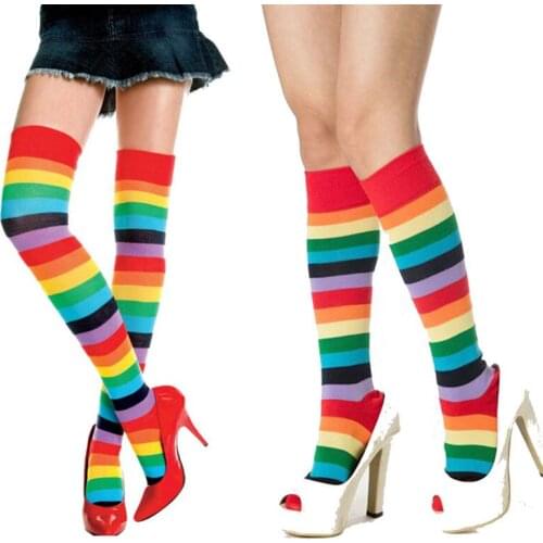 Ladies Womens Striped Stripey Rainbow Stocking Over Knee Socks Long Neon Colourful Fancy Stocking