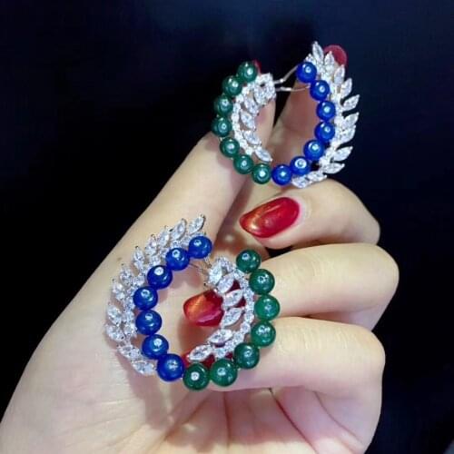 Jade stud earring 925 sterling silver circle earring blue green mixed color dyed color fine women jewelry free shipping