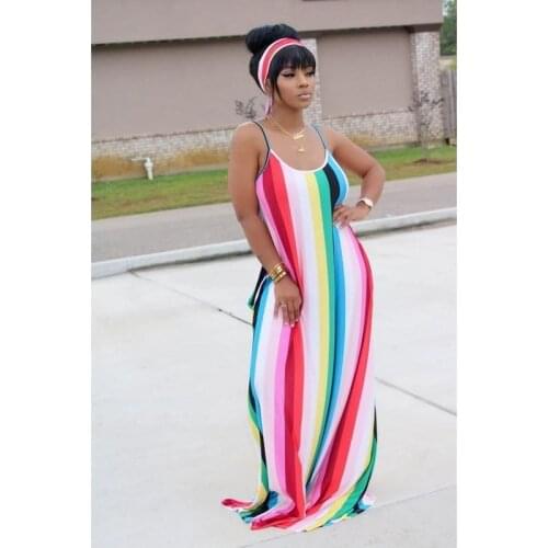 2021 New Womens Summer Dress Color Print Long Skirt Suspenders Striped Sleeveless Beach Dress Elegant Ladies Sun Dress New