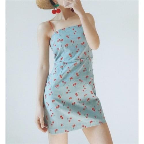 Women Holiday Beach Lovely Red Cherry Print Mini Party Dress Bodycon Short Slim Spaghetti Strap Dresses Party Vestidos