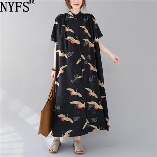 NYFS 2021 New Summer Dress Vintage Loose Printing Woman Dress Vestidos Elbise Women Shirt Dress