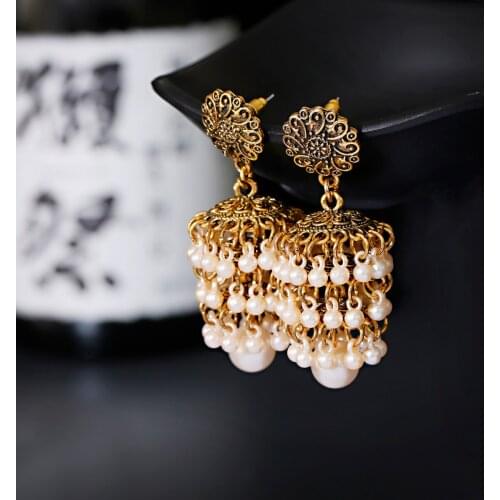 Gold Color Boho Fashion Pendant Earrings Vintage Silver Color Geometric Pattern Alloy 3 Layers Pearl Tassel Pendant Earrings