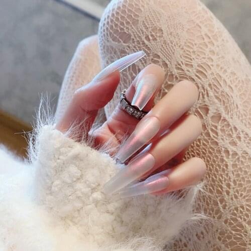 24pcs fake nails with designs Aurora Mirror Powder Wear Long Paragraph Fashion Manicure Patch False Nails Wearable Nail Patch