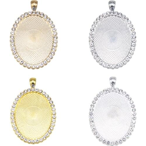 3pcs 30*40mm Oval CZ rhinestone Necklace Pendant Setting Cabochon Cameo Base Tray Copper Bezel Blank Jewelry Findings