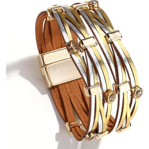 ALLYE Boho Rhinestone Leather Bracelets for Women Fashion Ladies Bohemian Multilayer Wide Wrap Bracelet Female Jewelry