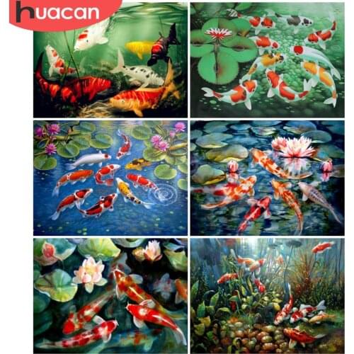 HUACAN Diamond Painting Animal Fish Cross Stitch Diamond Embroidery Carp Mosaic Lotus Home Decoration Handmade Gift