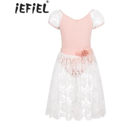 Kids Girls Short Puff Professional Ballet Tutu Dress Dance Ballerina Gymnastics Leotard with Embroidery Floral Lace Skirt Set